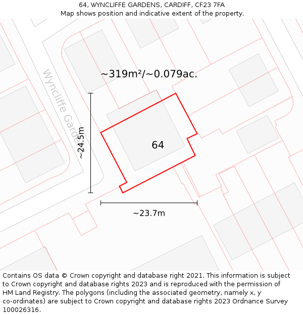 64, WYNCLIFFE GARDENS, CARDIFF, CF23 7FA: Plot and title map