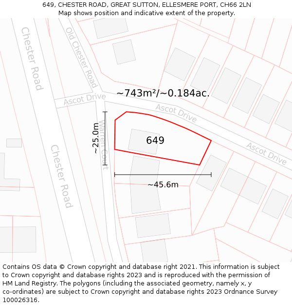 649, CHESTER ROAD, GREAT SUTTON, ELLESMERE PORT, CH66 2LN: Plot and title map