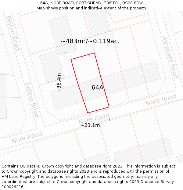 64A, NORE ROAD, PORTISHEAD, BRISTOL, BS20 8DW: Plot and title map