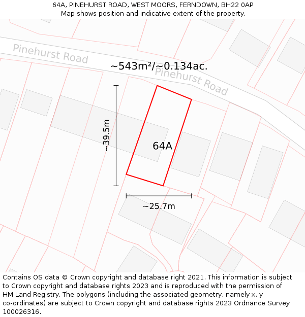64A, PINEHURST ROAD, WEST MOORS, FERNDOWN, BH22 0AP: Plot and title map