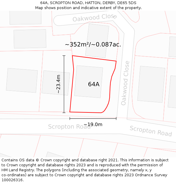 64A, SCROPTON ROAD, HATTON, DERBY, DE65 5DS: Plot and title map