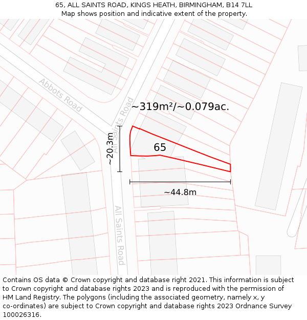 65, ALL SAINTS ROAD, KINGS HEATH, BIRMINGHAM, B14 7LL: Plot and title map