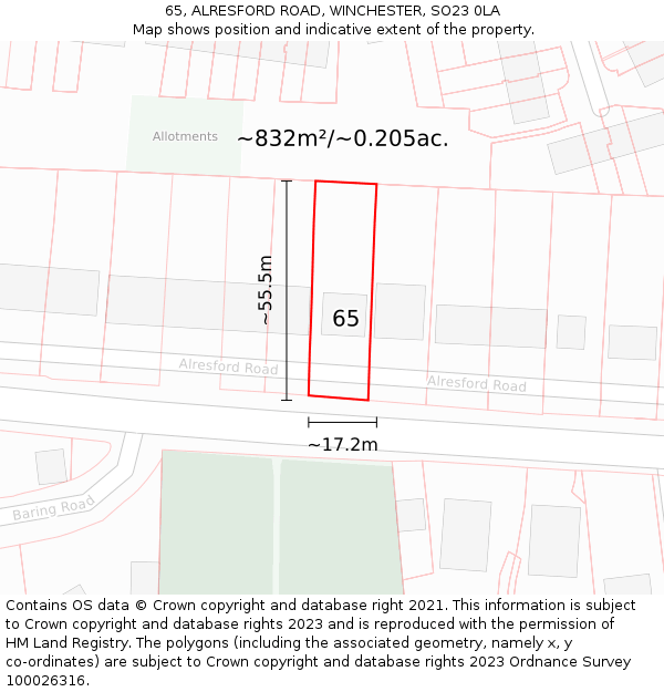 65, ALRESFORD ROAD, WINCHESTER, SO23 0LA: Plot and title map