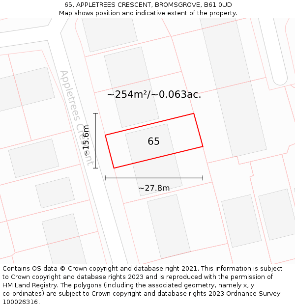 65, APPLETREES CRESCENT, BROMSGROVE, B61 0UD: Plot and title map