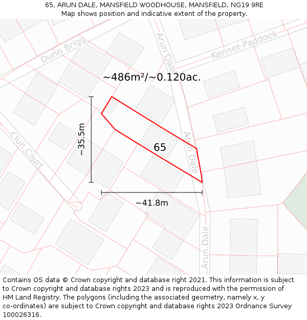 65, ARUN DALE, MANSFIELD WOODHOUSE, MANSFIELD, NG19 9RE: Plot and title map