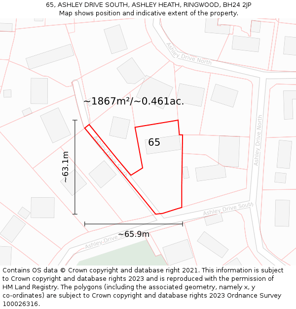 65, ASHLEY DRIVE SOUTH, ASHLEY HEATH, RINGWOOD, BH24 2JP: Plot and title map