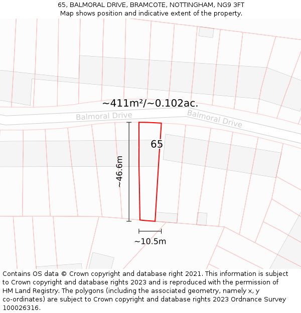 65, BALMORAL DRIVE, BRAMCOTE, NOTTINGHAM, NG9 3FT: Plot and title map