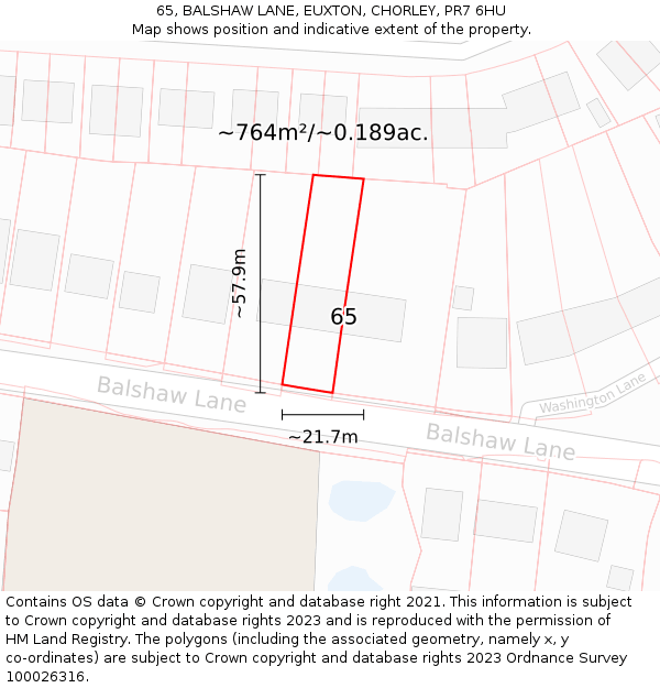 65, BALSHAW LANE, EUXTON, CHORLEY, PR7 6HU: Plot and title map