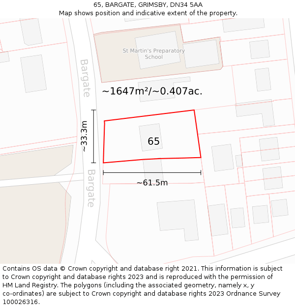 65, BARGATE, GRIMSBY, DN34 5AA: Plot and title map