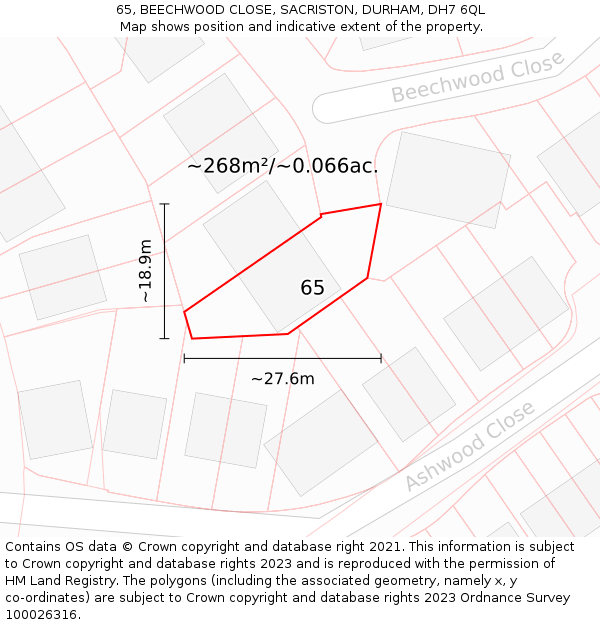 65, BEECHWOOD CLOSE, SACRISTON, DURHAM, DH7 6QL: Plot and title map