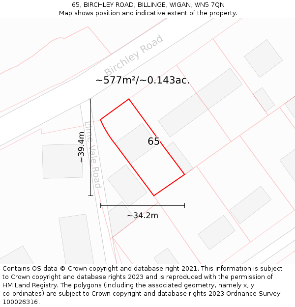 65, BIRCHLEY ROAD, BILLINGE, WIGAN, WN5 7QN: Plot and title map