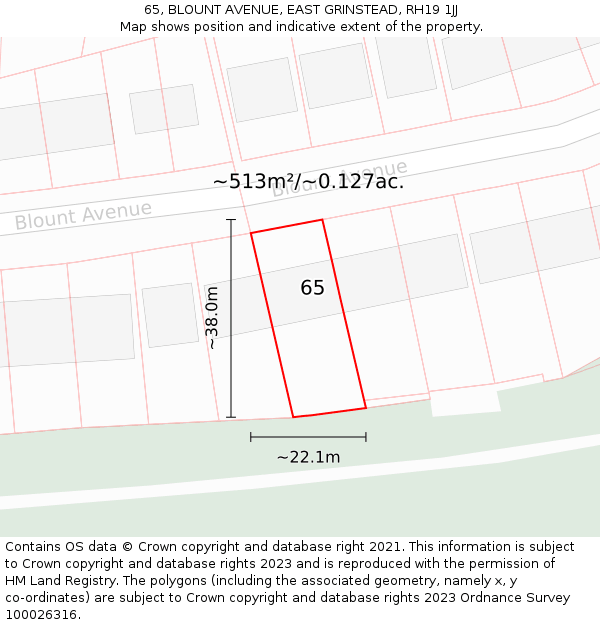 65, BLOUNT AVENUE, EAST GRINSTEAD, RH19 1JJ: Plot and title map