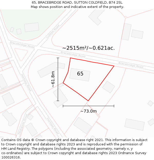 65, BRACEBRIDGE ROAD, SUTTON COLDFIELD, B74 2SL: Plot and title map