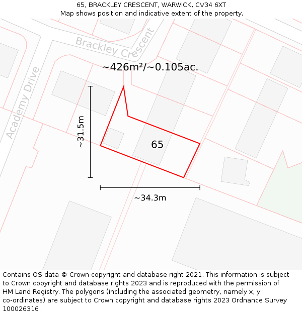 65, BRACKLEY CRESCENT, WARWICK, CV34 6XT: Plot and title map