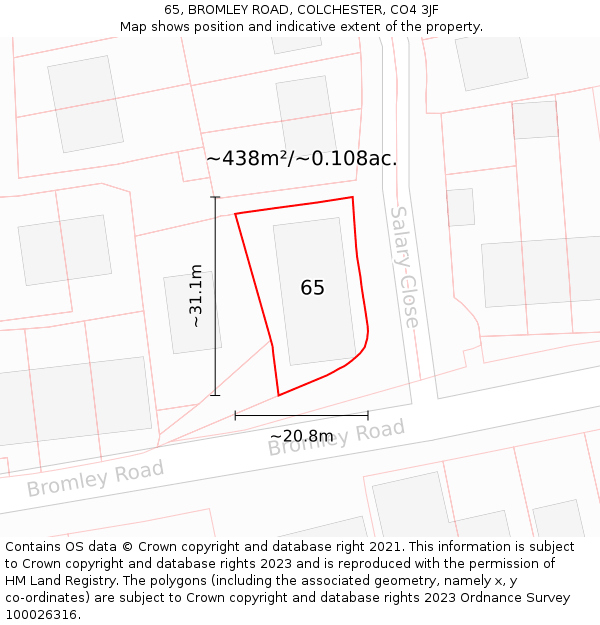 65, BROMLEY ROAD, COLCHESTER, CO4 3JF: Plot and title map