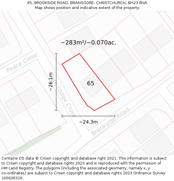 65, BROOKSIDE ROAD, BRANSGORE, CHRISTCHURCH, BH23 8NA: Plot and title map