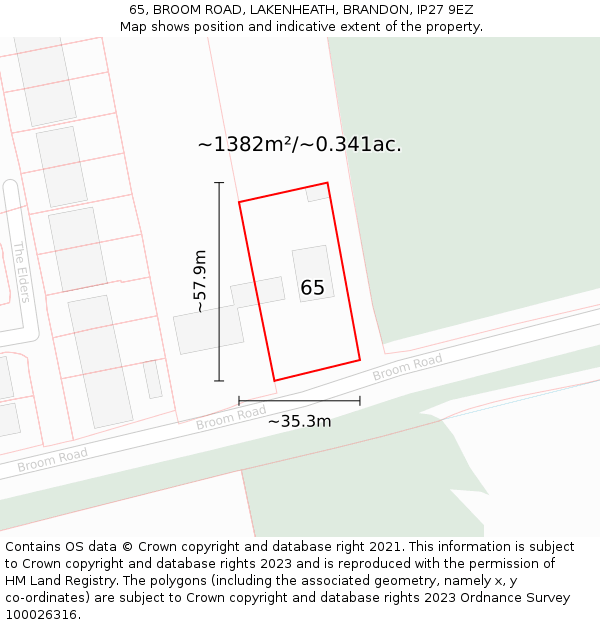 65, BROOM ROAD, LAKENHEATH, BRANDON, IP27 9EZ: Plot and title map