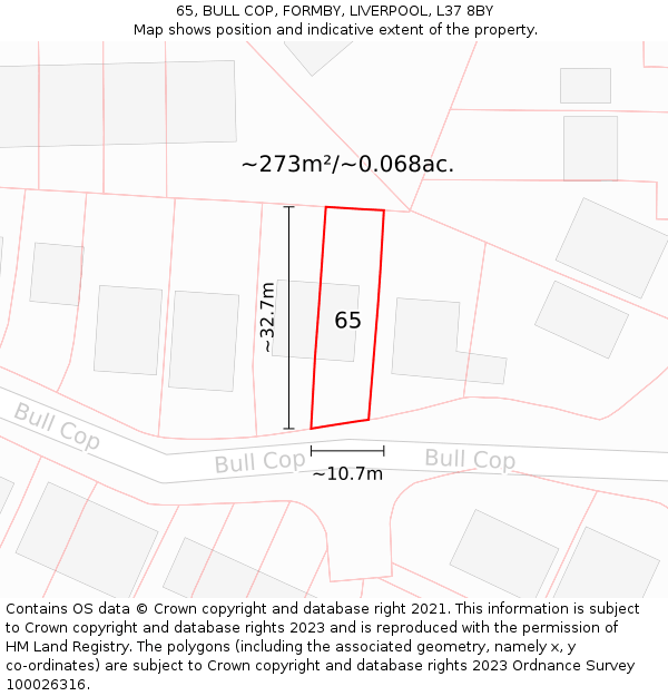 65, BULL COP, FORMBY, LIVERPOOL, L37 8BY: Plot and title map