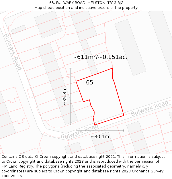 65, BULWARK ROAD, HELSTON, TR13 8JG: Plot and title map