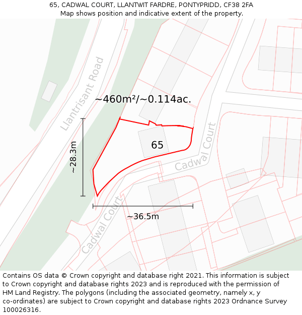 65, CADWAL COURT, LLANTWIT FARDRE, PONTYPRIDD, CF38 2FA: Plot and title map