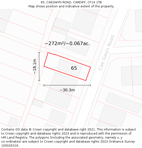 65, CAEGWYN ROAD, CARDIFF, CF14 1TB: Plot and title map