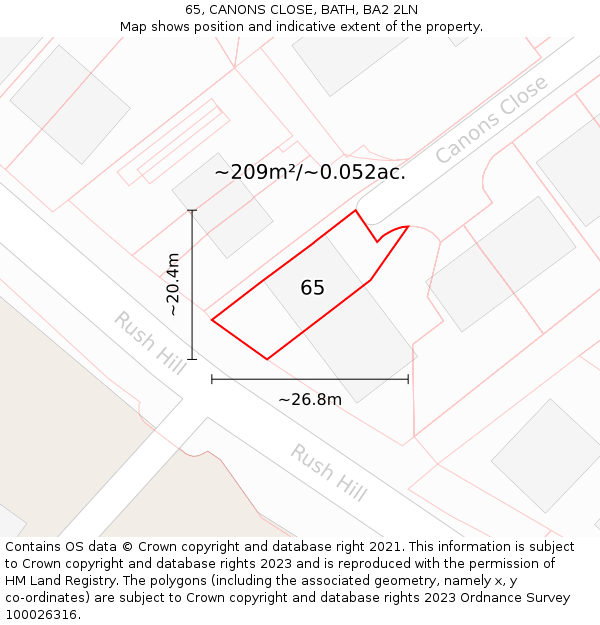 65, CANONS CLOSE, BATH, BA2 2LN: Plot and title map