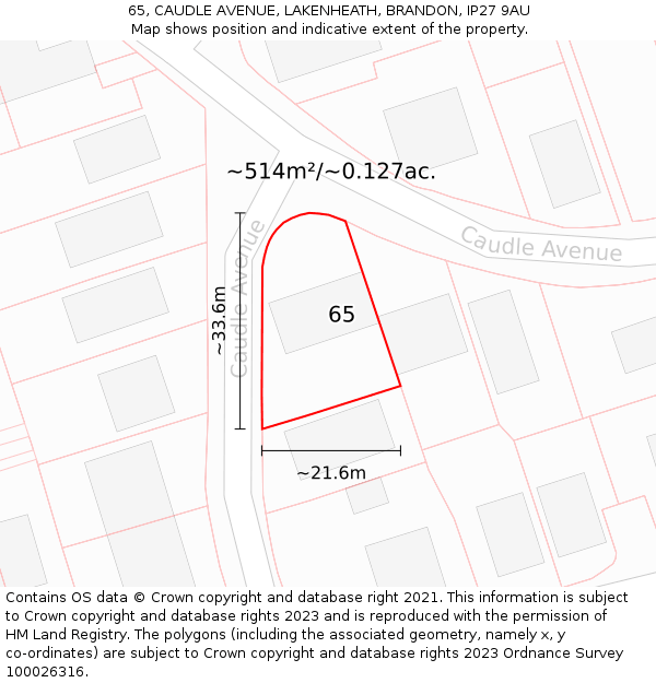 65, CAUDLE AVENUE, LAKENHEATH, BRANDON, IP27 9AU: Plot and title map