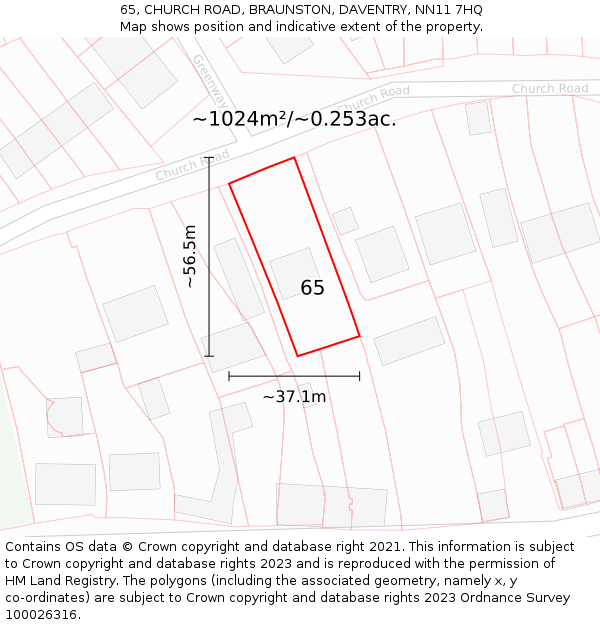 65, CHURCH ROAD, BRAUNSTON, DAVENTRY, NN11 7HQ: Plot and title map