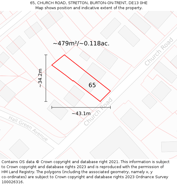 65, CHURCH ROAD, STRETTON, BURTON-ON-TRENT, DE13 0HE: Plot and title map