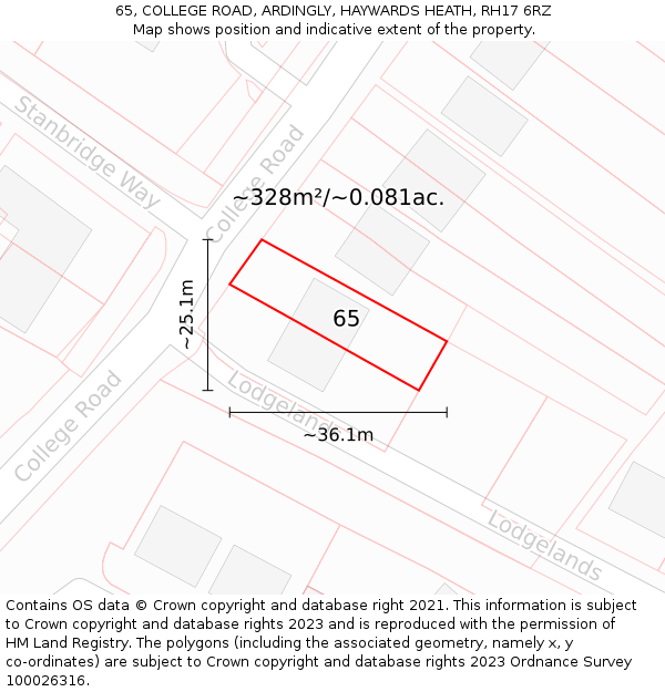 65, COLLEGE ROAD, ARDINGLY, HAYWARDS HEATH, RH17 6RZ: Plot and title map