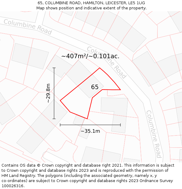 65, COLUMBINE ROAD, HAMILTON, LEICESTER, LE5 1UG: Plot and title map