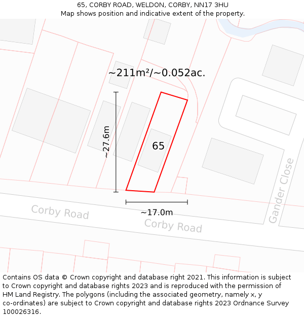 65, CORBY ROAD, WELDON, CORBY, NN17 3HU: Plot and title map