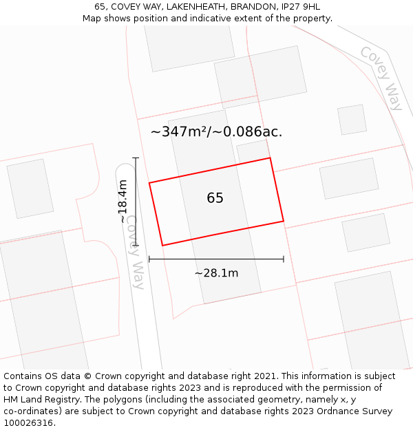 65, COVEY WAY, LAKENHEATH, BRANDON, IP27 9HL: Plot and title map