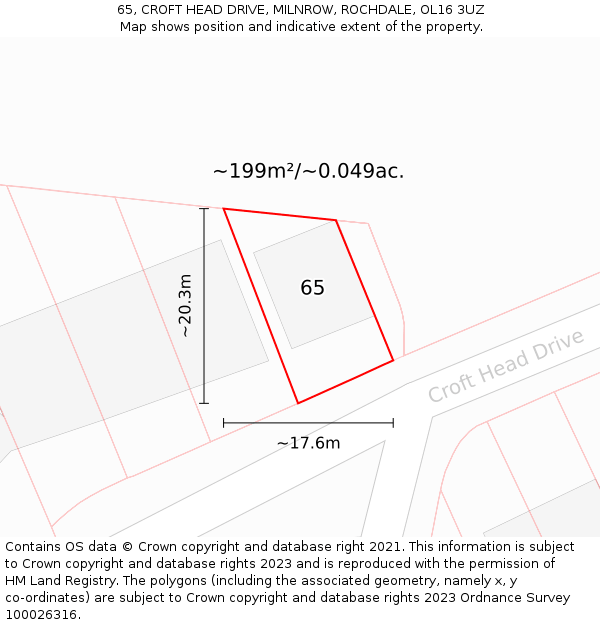 65, CROFT HEAD DRIVE, MILNROW, ROCHDALE, OL16 3UZ: Plot and title map