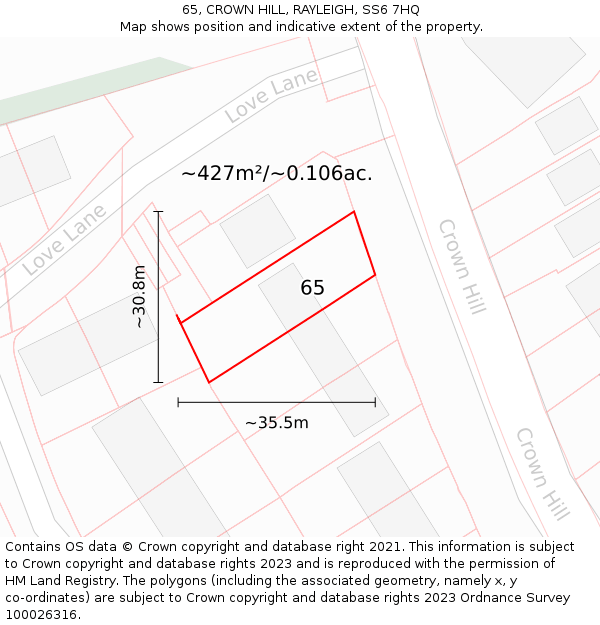 65, CROWN HILL, RAYLEIGH, SS6 7HQ: Plot and title map