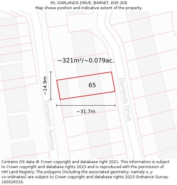 65, DARLANDS DRIVE, BARNET, EN5 2DE: Plot and title map