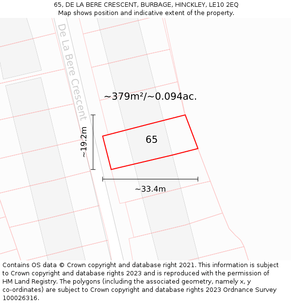 65, DE LA BERE CRESCENT, BURBAGE, HINCKLEY, LE10 2EQ: Plot and title map