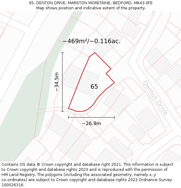 65, DENTON DRIVE, MARSTON MORETAINE, BEDFORD, MK43 0FE: Plot and title map