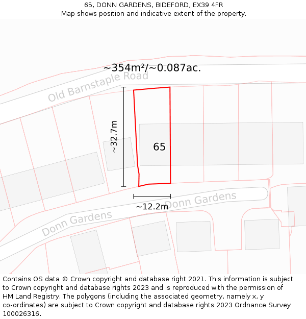65, DONN GARDENS, BIDEFORD, EX39 4FR: Plot and title map