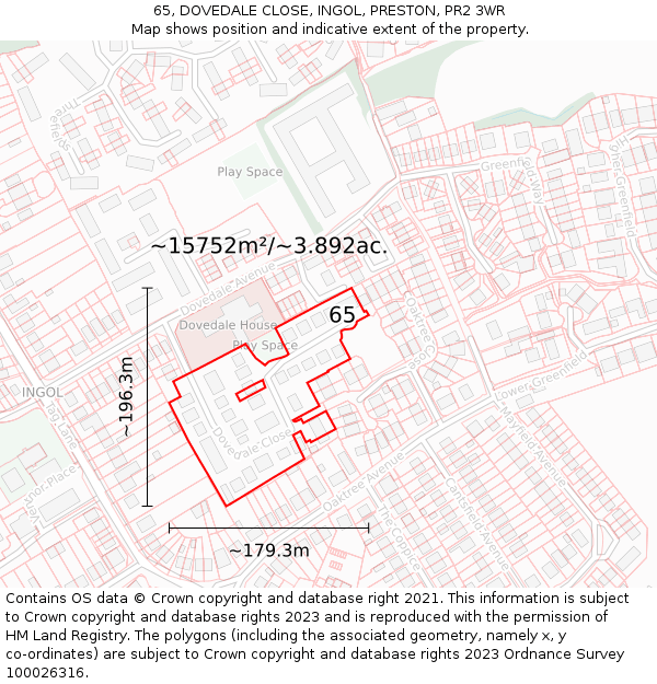 65, DOVEDALE CLOSE, INGOL, PRESTON, PR2 3WR: Plot and title map