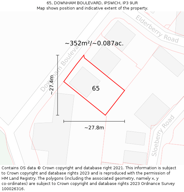 65, DOWNHAM BOULEVARD, IPSWICH, IP3 9UR: Plot and title map