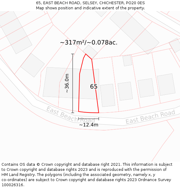 65, EAST BEACH ROAD, SELSEY, CHICHESTER, PO20 0ES: Plot and title map