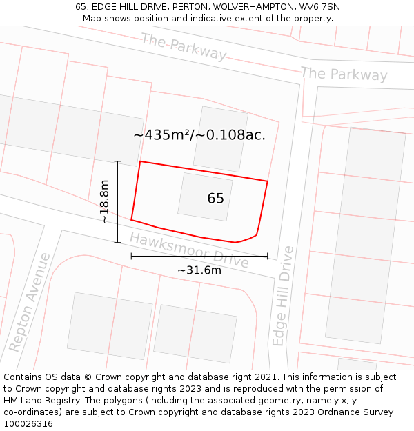 65, EDGE HILL DRIVE, PERTON, WOLVERHAMPTON, WV6 7SN: Plot and title map