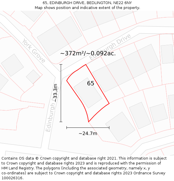 65, EDINBURGH DRIVE, BEDLINGTON, NE22 6NY: Plot and title map