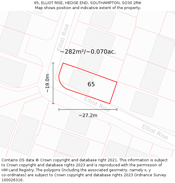 65, ELLIOT RISE, HEDGE END, SOUTHAMPTON, SO30 2RW: Plot and title map