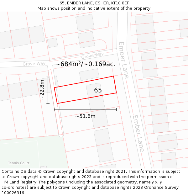 65, EMBER LANE, ESHER, KT10 8EF: Plot and title map