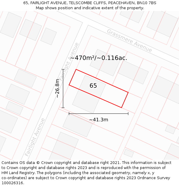 65, FAIRLIGHT AVENUE, TELSCOMBE CLIFFS, PEACEHAVEN, BN10 7BS: Plot and title map