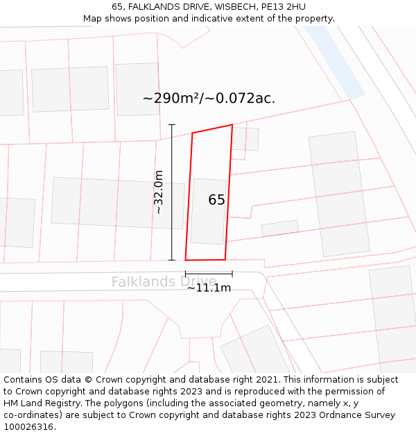 65, FALKLANDS DRIVE, WISBECH, PE13 2HU: Plot and title map