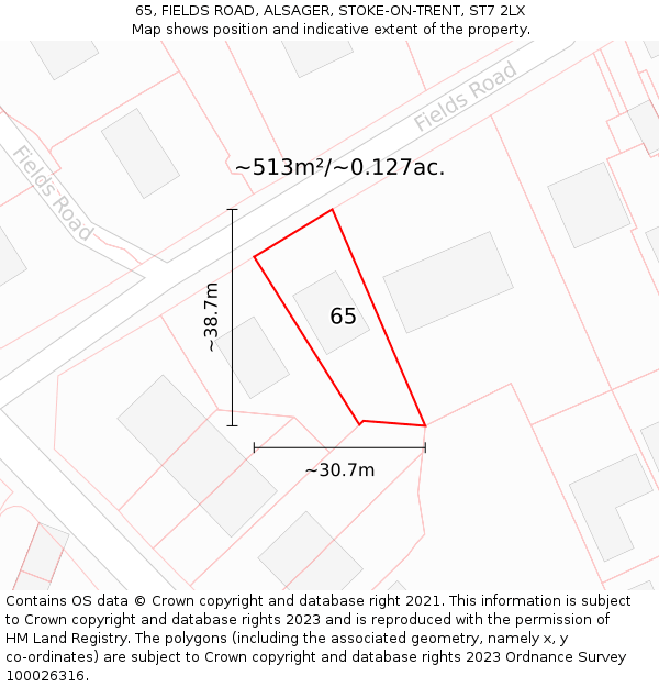 65, FIELDS ROAD, ALSAGER, STOKE-ON-TRENT, ST7 2LX: Plot and title map