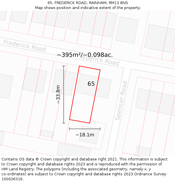 65, FREDERICK ROAD, RAINHAM, RM13 8NS: Plot and title map